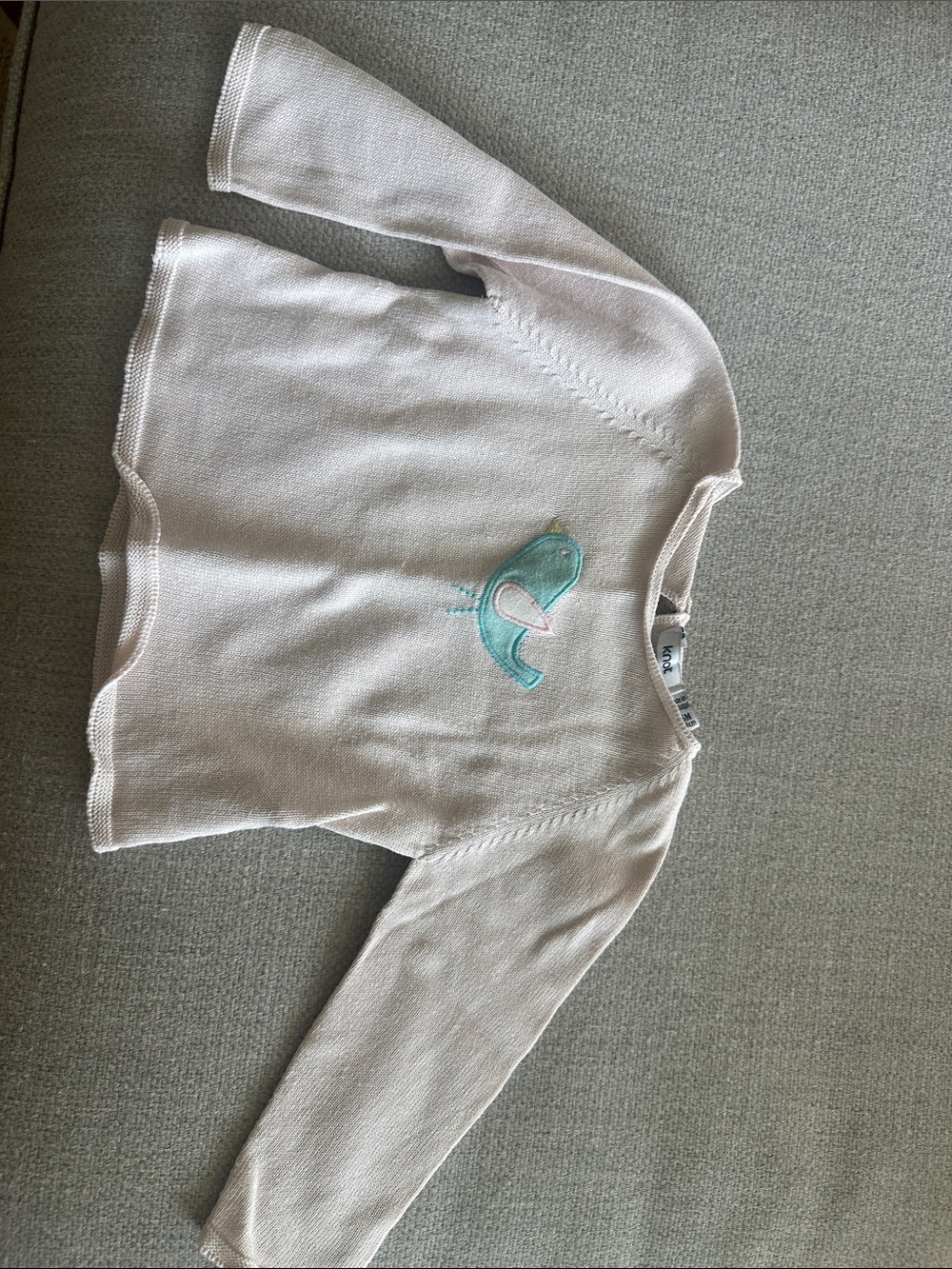 Cream Baby Girl Knit Crewneck Sweater with Teal Bird Embroidery